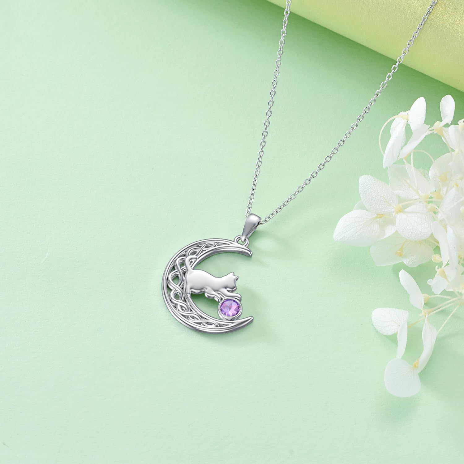 Cat Necklace 925 Sterling Silver Birthstone with Cute Cat in Moon Pendant Necklace for Women - Image 4
