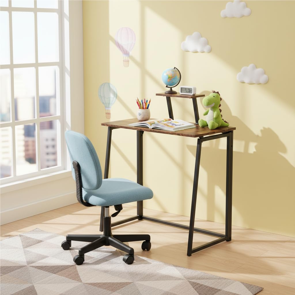 FurnitureR Table Pliante pour Enfant, Bureau Informatique Compact, Métal et Bois, avec Etagère Ecran, Idéal pour la Lecture, L'écriture et Les Tâches Bureautiques Minimalistes, 80 x 40 x 74 cm