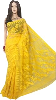 Soft Finish Cotton Bangladesh Dhakai Jamdani Sari Indian Muslim Women Hand Weaving Eid Behula Saree 797 (Yellow)