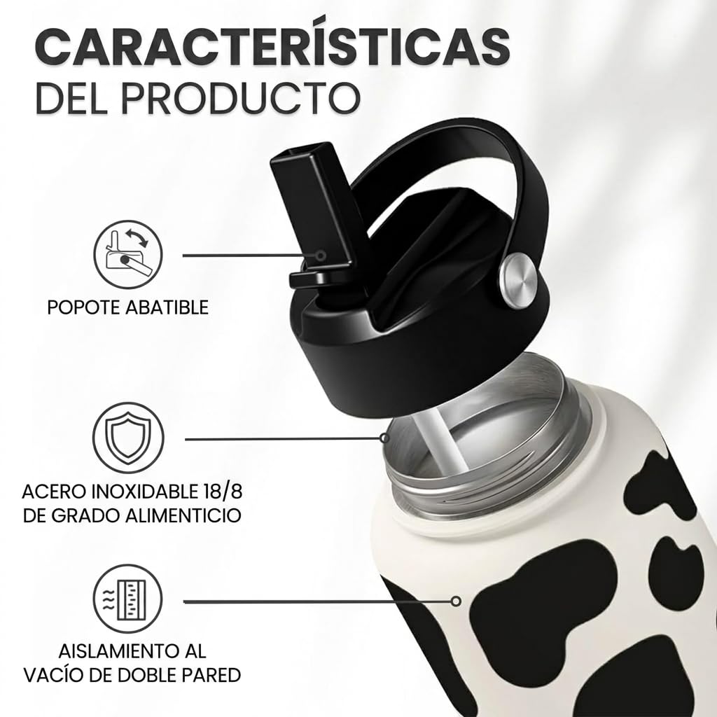 Botella de agua con estampado de vaca, de acero inoxidable, aislada al vacío con tapa, botellas de agua de vaca para gimnasio, deportes, viajes al aire libre, regalos de vaca para mujeres y niñas