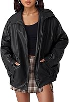Hathne Women's Oversized Faux Leather Bomber Jacket - Zip-Up Boyfriend Style Moto Coat for Fall Winter