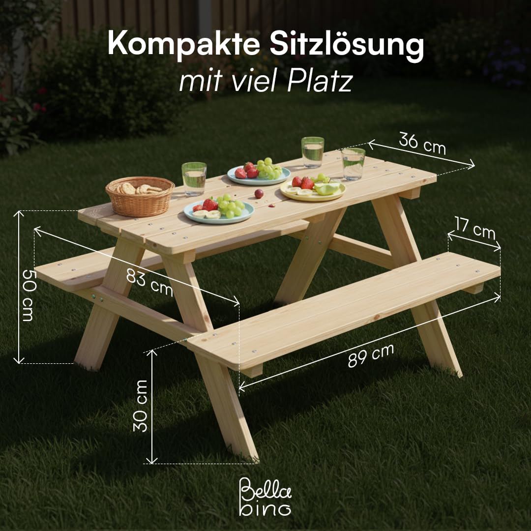 Bellabino Kindersitzgruppe für 4 Kinder – Kindertisch mit 2 Bänken – Picknicktisch aus Kiefer, unbehandelt – Gartenmöbel ab 2 Jahren