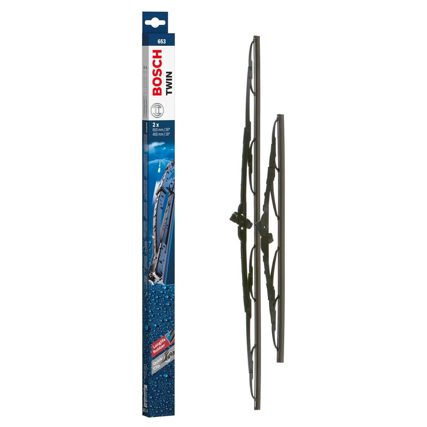 Bosch Twin 653 Front-Scheibenwischer - Set mit 2 Ersatz-Scheibenwischern und vormontiertem Quick-Clip-Adapter - 2 Wischblätter, 650 mm und 400 mm
