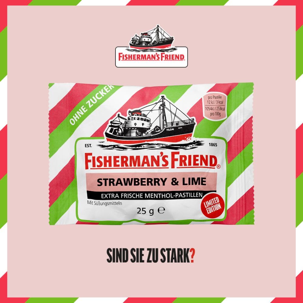 Fisherman's Friend Strawberry und Lime, 24er Vorratsbox, Exklusive Sorte mit Erdbeer, Limette und Menthol Geschmack, zuckerfrei und vegan, Bonbons für frischen Atem, 24 x 25g