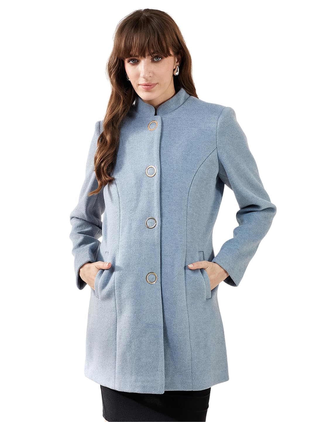 Women's Blue Full Sleeves Mandarin Collar Solid Casual Thigh Length Coat-image-40