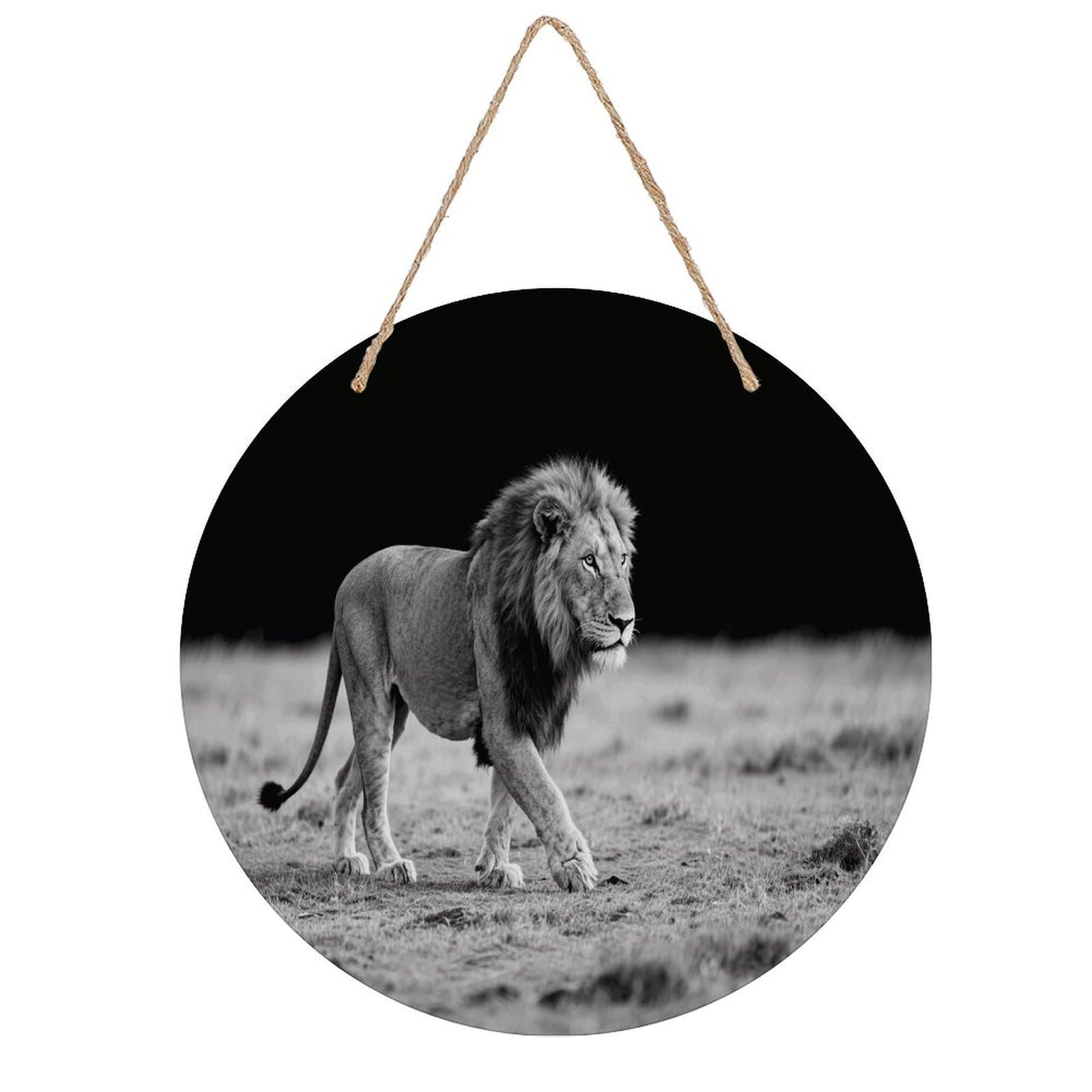 VstaDank Wild Animal Lion Wall Decor Round Wood Hanging Sign 7.9x7.9 in Wooden Circle Door Hanger with Ropes, Rustic Wall Art Decor for Home Front Door Indoor Outdoor Decoration