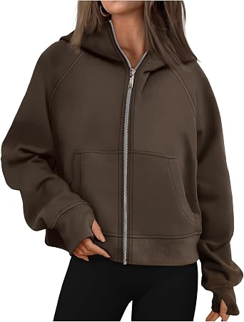 Womens Zip Up Hooded Jacket Oversized Fleece Lined Hooded Cropped Coats Casual Thumb Hole Long Sleeve Jacket Outwear