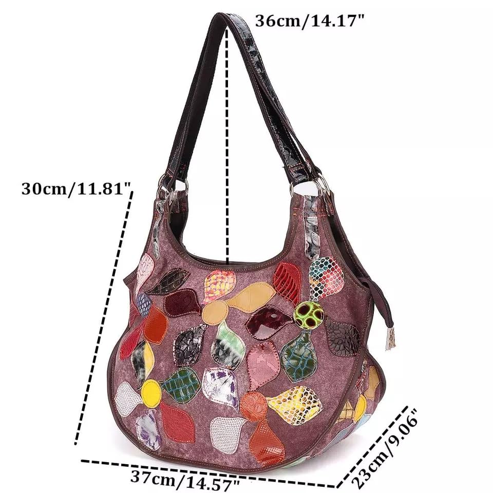 Bolso hobo para mujer de lona y cuero con diseño floral, bolso bandolera multicolor de parches, bolso tote miniatura 2
