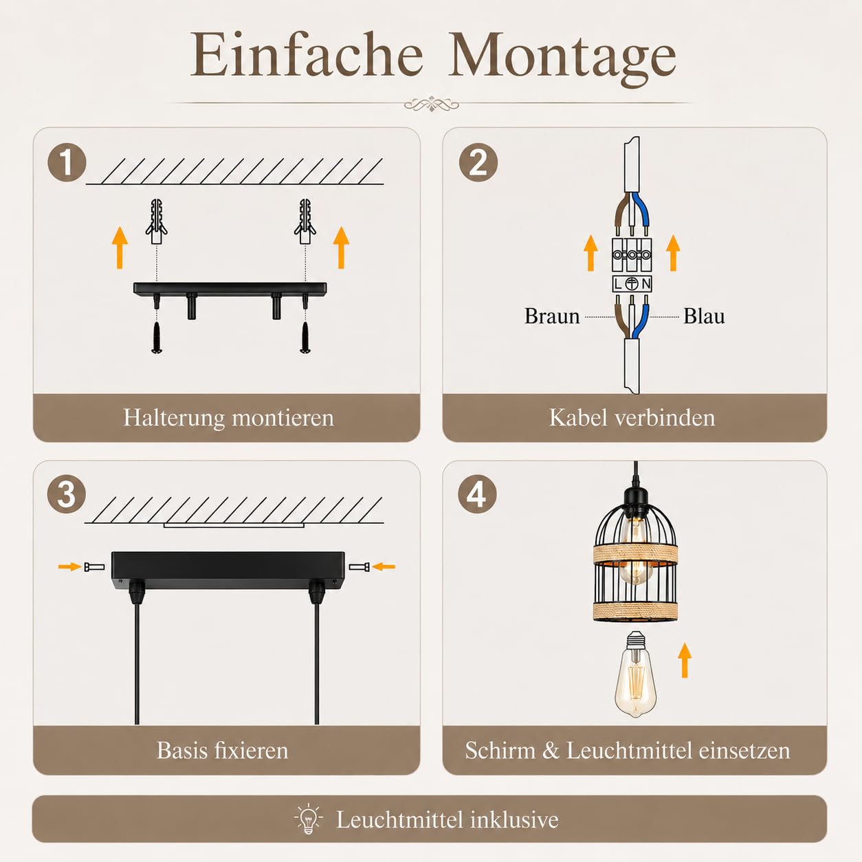 Pendelleuchte Esstisch Rattan Hängelampe 4-Flammig inkl. LED, Vintage Hängeleuchte Schwarz Höhenverstellbar für Esszimmer Kücheninsel Wohnzimmer, Boho Esstischlampe Kronleuchter E27