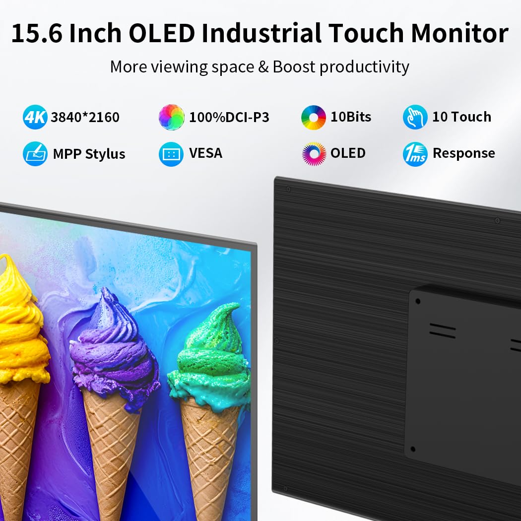 Ekran dotykowy 4K OLED o przekątnej 15,6", 100% DCI-P3, pojemnościowy 10-punktowy ekran dotykowy, USB-C/HDMI/MiniDP, aluminiowa obudowa frezowana CNC, VESA, wyświetlacz dla przemysłu i