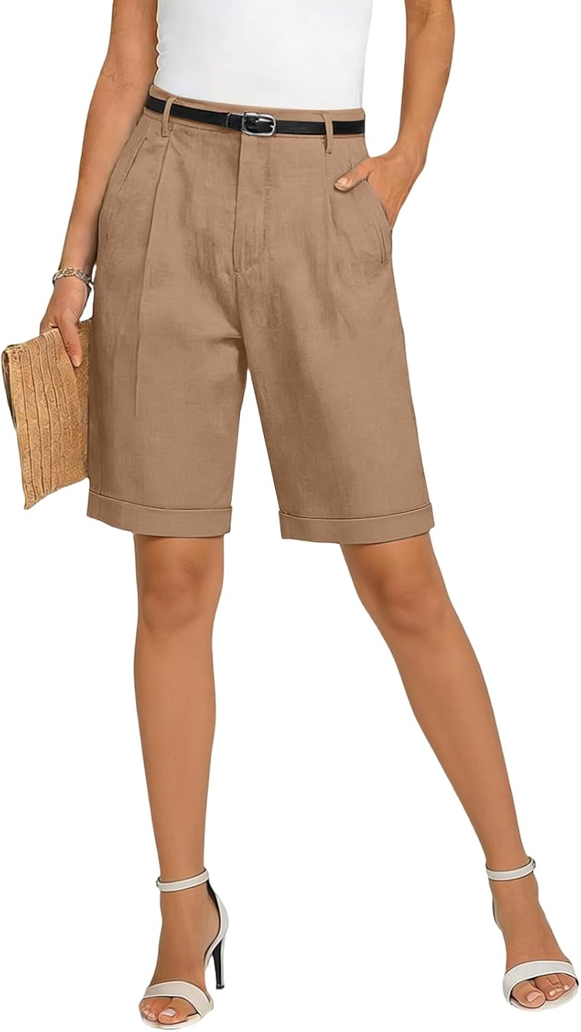 DuDubaby Women's Sports & Recreation Shorts Women's High Waisted Wide Leg Rolled Cuff Casual Short Pants with Pockets Womens Bike Shorts (Camel,Small)