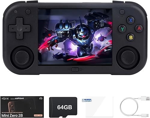 Ampown Nueva consola de juegos Mini Zero Retro 2025, pantalla IPS de 2.8 pulgadas 640 x 480, tarjeta TF integrada de 64 GB, consola de juegos