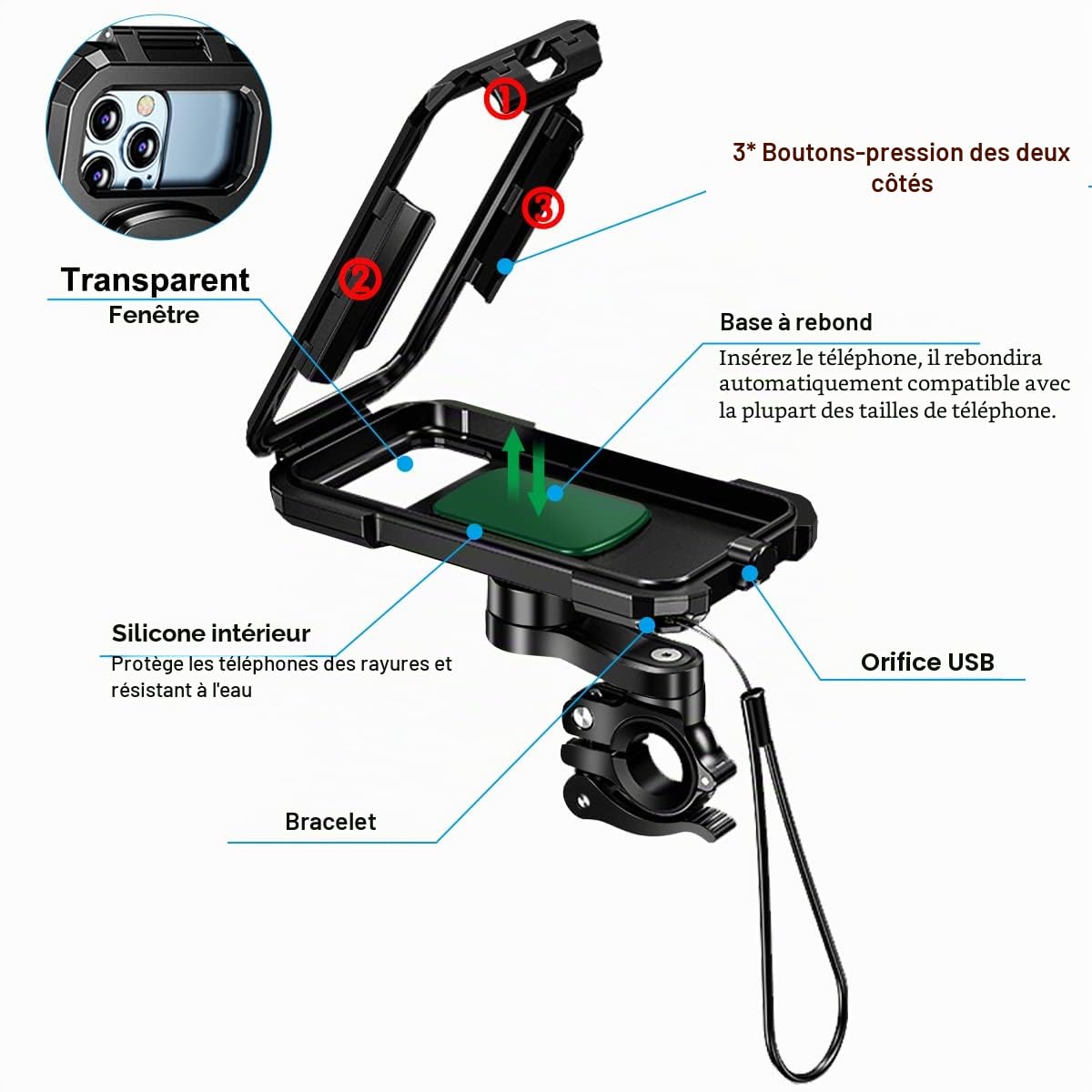 REETEE Support Telephone Velo Moto Etanche, Universel Ecran Tactile Support Smartphone Vélo 360°Rotation Anti-Vibrations Support Guidon Housse de Téléphone pour 4,7-6,8 Pouces Smartphones (Noir,L)