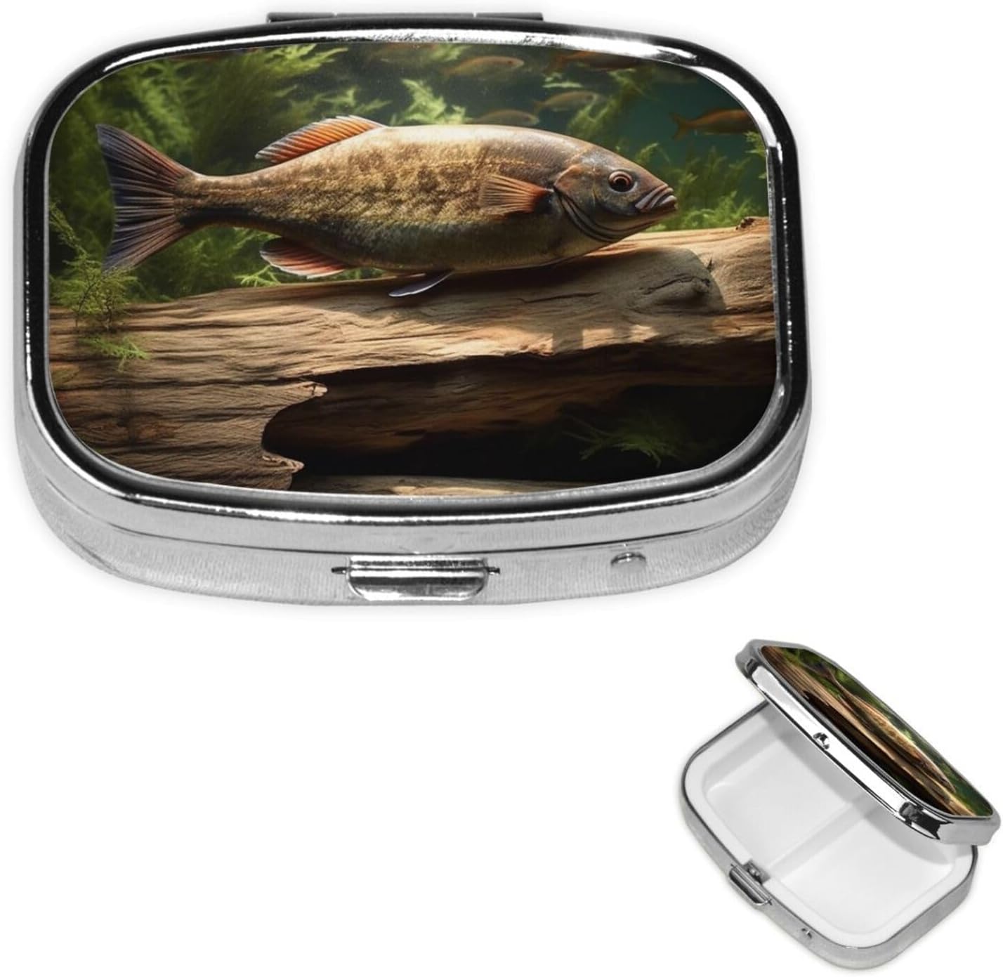 Wood and Fish Pill Case with Mirror Retro 2 Compartment Pill Box Small Pill Organizer for Purse or Pocket Decorative Metal Medicine Vitamin Organizer Unique Gifts