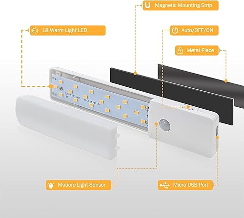 Miniatura 5 de Luces de armario con sensor de movimiento para debajo del gabinete, 18 luces LED de noche, recargable, portátil, mini barra de luz nocturna