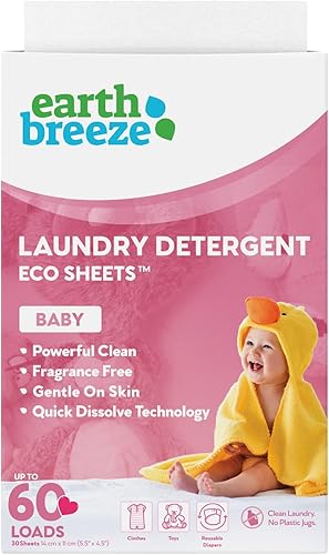 Earth Breeze Sábanas de detergente para lavandería fórmula para bebés sin jarra de plástico 60 cargas 30 hojas tecnología sin líquido