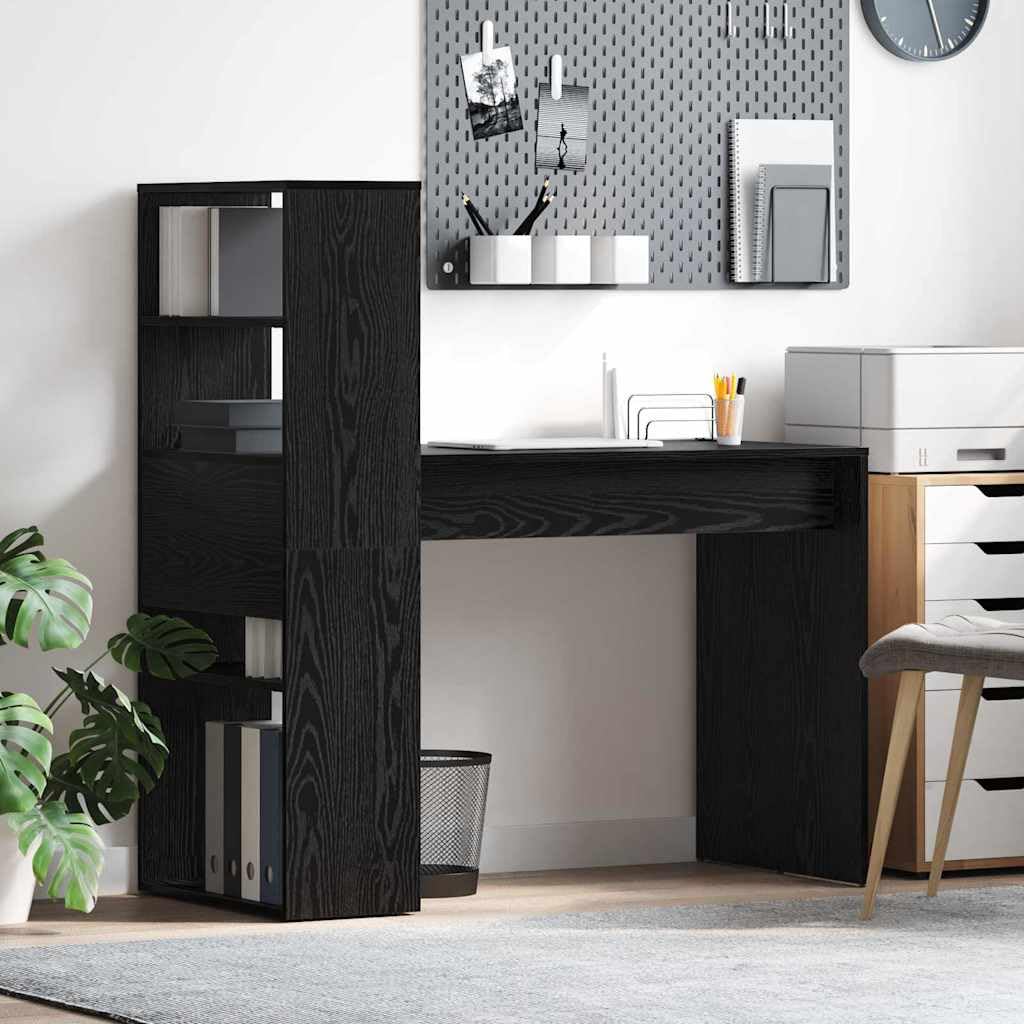 Scrivania da lavoro per computer con scaffale, colore nero, effetto rovere, 113 x 54 x 120 cm, per ufficio, casa, studio, soggiorno, per postazione di lavoro organizzata