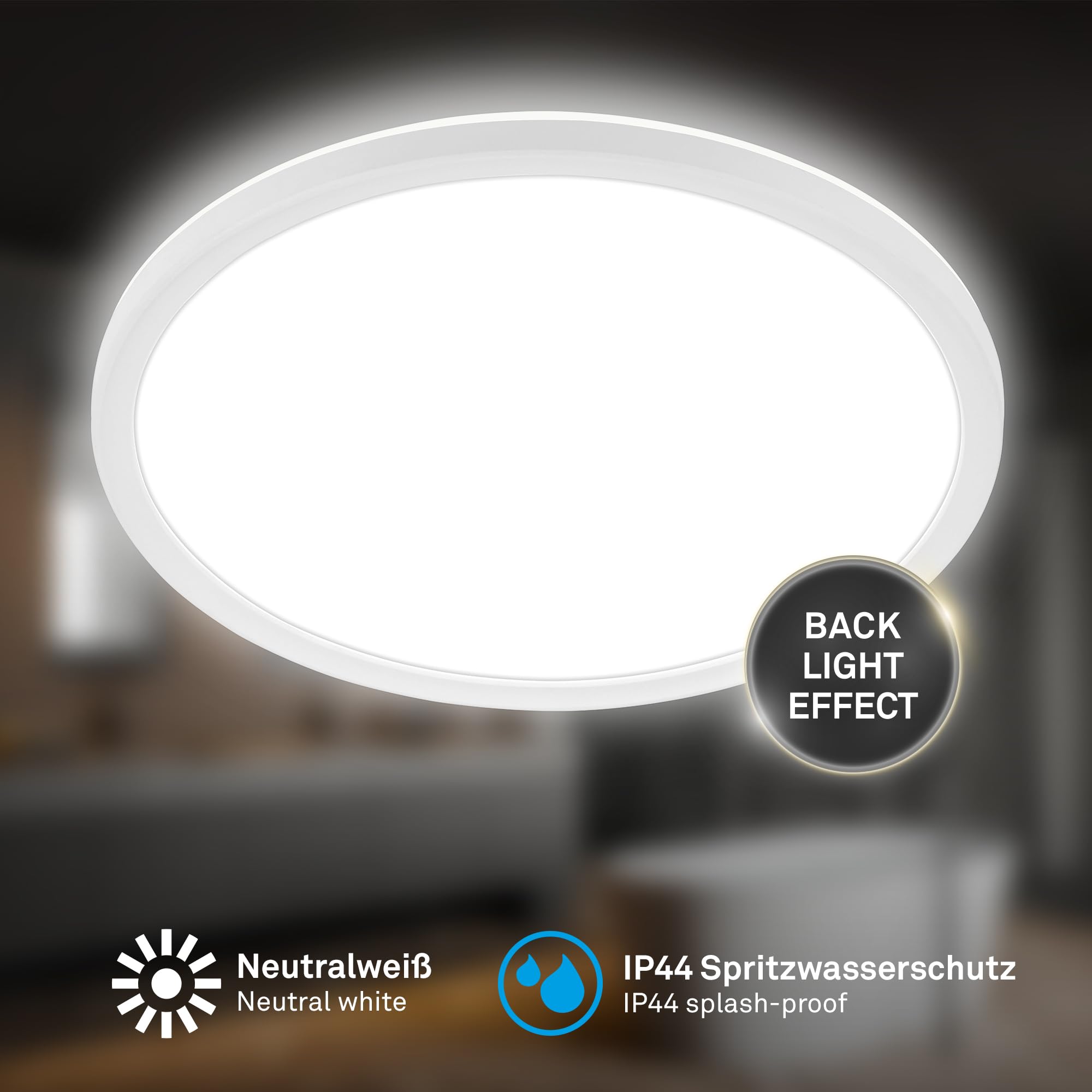 BRILONER - LED Deckenlampe mit indirektem Licht, flach, IP44 Spritzwasserschutz, Deckenleuchte, LED Panel, Feuchtraumleuchte, Badezimmer Lampe Decke, Badlampe, Küchenlampe, 29x3 cm, Weiß
