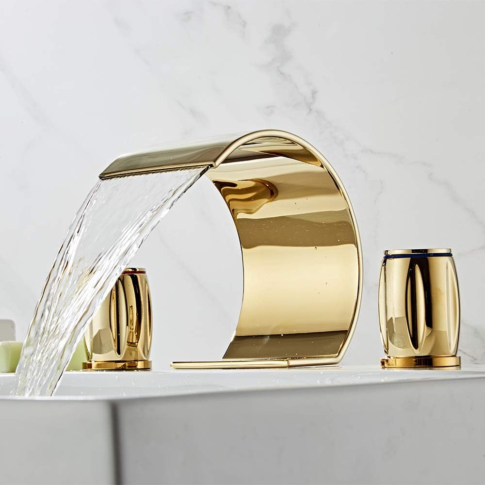 Bеѕt Dеаl YANNLII Shiny Polished Gold Widespread Waterfall Bathroom Sink Faucet,Two Handle Three Hole Lavatory Faucet,8-16 Inch Basin Mixer Tap with Pop Up Drain,French Gold Rеvіеw Prоduсt YANNLII Shiny Polished Gold Widespread Waterfall Bathroom Sink Faucet,Two Handle Three Hole Lavatory Faucet,8-16 Inch Basin Mixer Tap with Pop Up Drain,French Gold