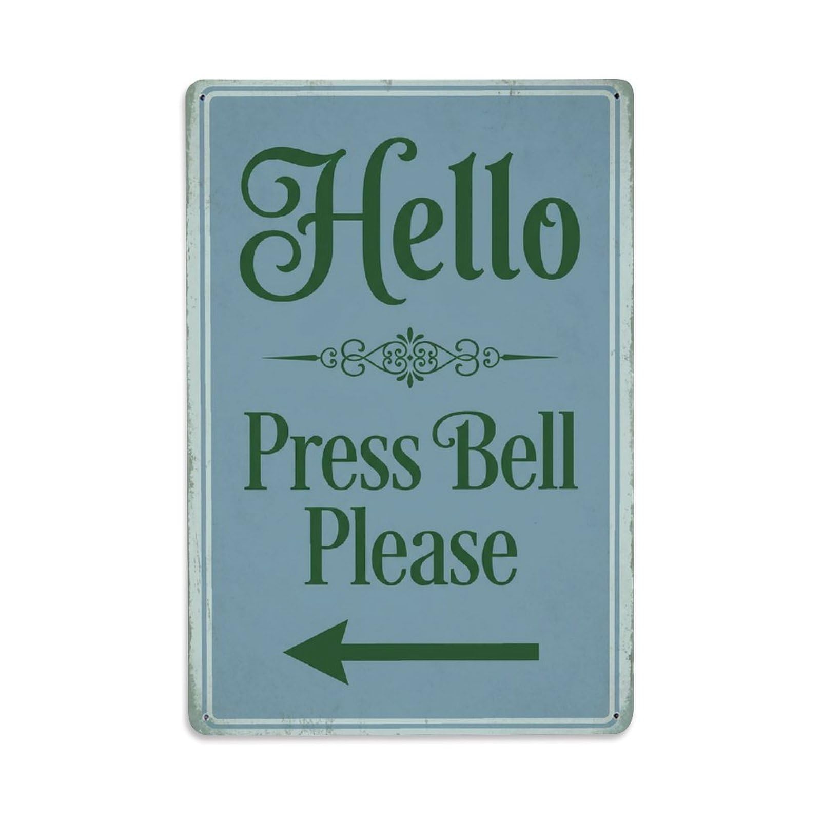 Vintage Hello Press Bell Please Arrow Ornate Metal Tin Sign