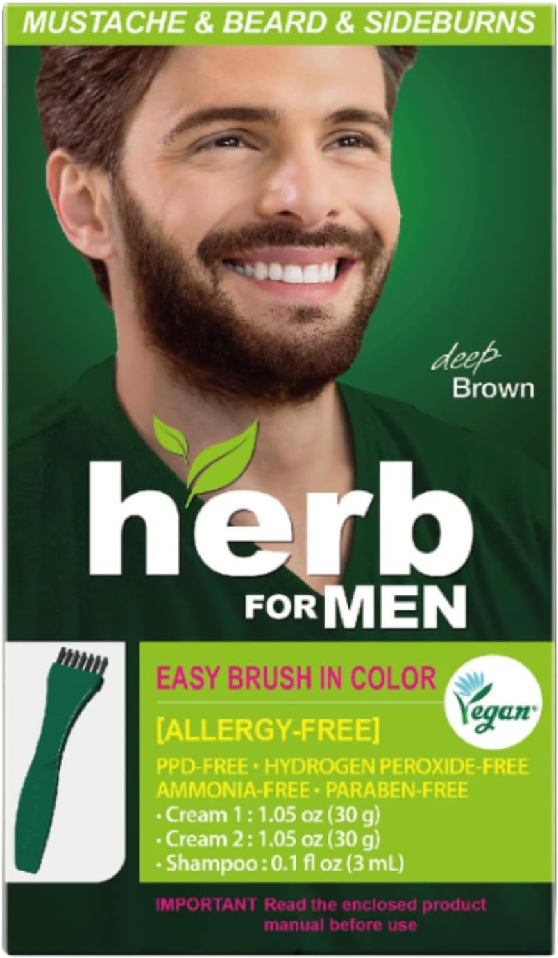 Herb For Men Mustache & Beard Dye (Deep Brown, 1 Pack), PPD-Free Ammonia-Free, Vegan with Natural Ingredients, Gentle for Sensitive Skin, No Skin Irritation