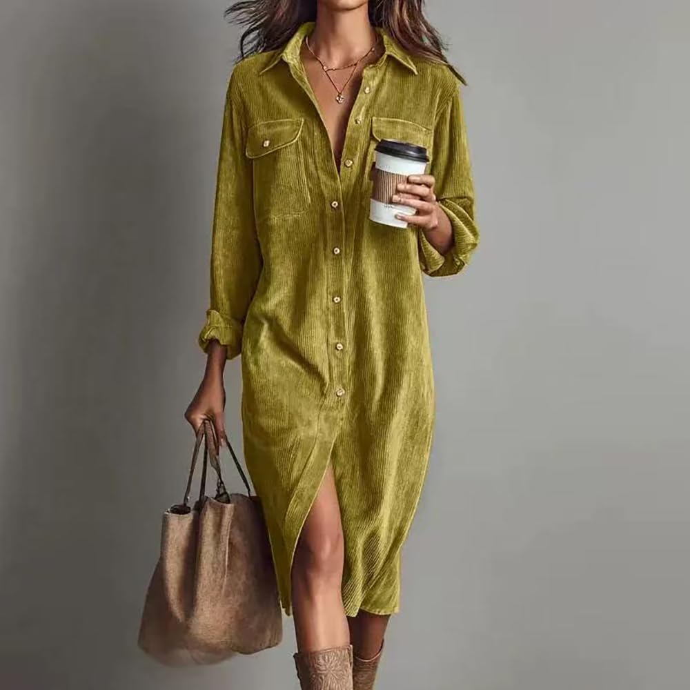 Robe-Chemise boutonnée en Velours côtelé pour Femme, Collection Automne Robe décontractée d'automne, Coupe Ample, col à Revers, Manches Longues et Poches (Pink,Grand)