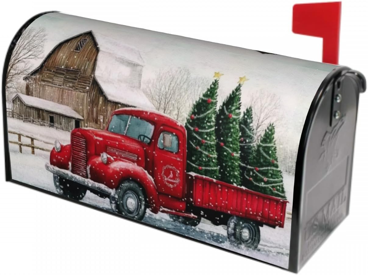 Winter Mailbox Cover Magnetic Standard Size Christmas Red Truck Snow Mail Box Covers Wrap Snowflakes Pine Trees Mailbox Wraps Post Letter Holiday18X 21 in Decor for Garden Outdoor Farmhouse