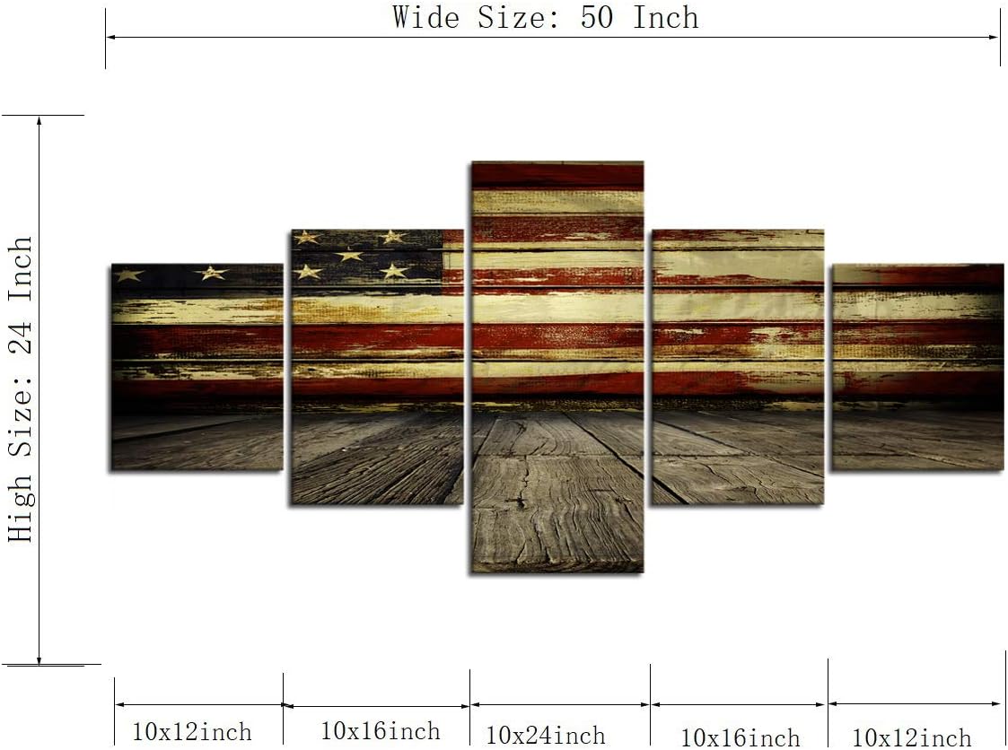 Wall Art Decor Pictures for Living Room Canvas Print Retro Vintage American USA Flag and Wooden Modern Painting 5pcs Framed Posters Bedroom Giclee Print Gallery Wrap Artwork Stretched(50''W x 24''H)