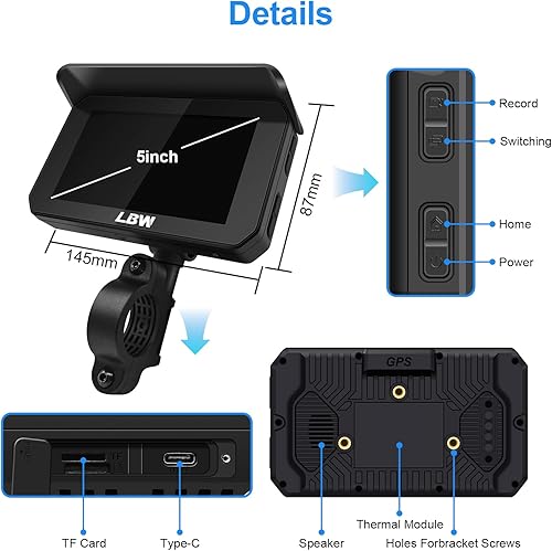 Miniatura 6 de LBW Cámara profesional para salpicadero de motocicleta, Apple Carplay inalámbrico, Android Auto, TPMS, cámara frontal y trasera HD 1080P (chip