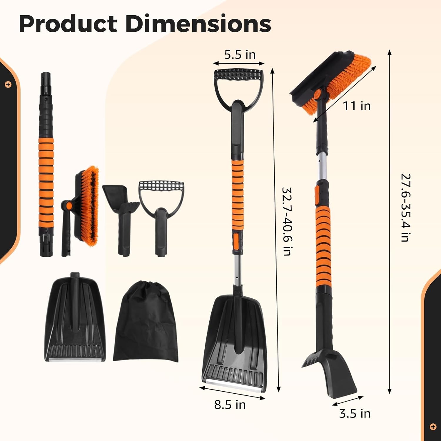 Extendable Ice Scraper and Snow Brush, 5 in 1 Emergency Snow Shovel Set, 180° Pivoting Brush Head, Foam Grip Handle, Multi-Function Car Snow Removal Kit for Cars, Trucks, Winter Travel