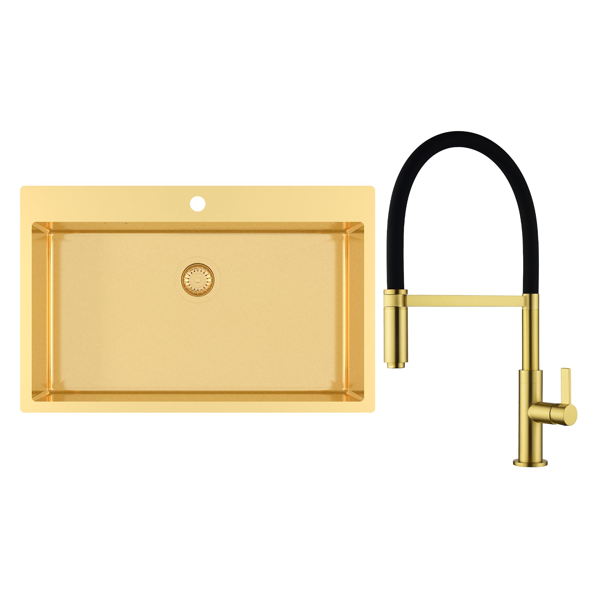 Gurari Edelstahlspüle TERRA100M + Küchenarmatur 7003, Einbau Spüle 790 x 505 mm, Gold, Rechteckiger