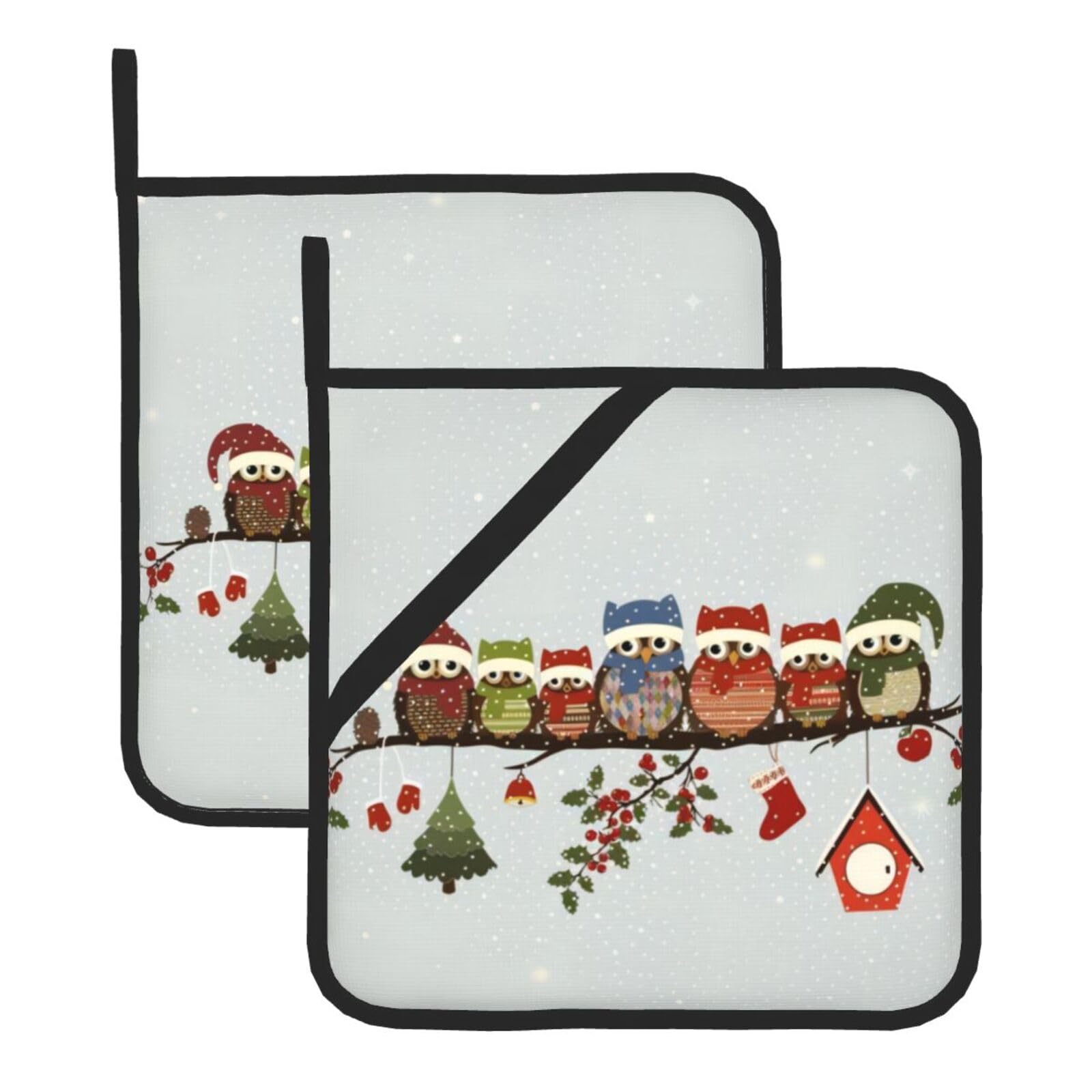 YYHWHJDE Cute Christmas Owls On Branch Prints Square Hot Pads for Kitchen Counter - Waterproof Pot Holders, Durable Oven Mitt Layers with Hanging Loop, Heat Resistant Trivets (2-Pack)