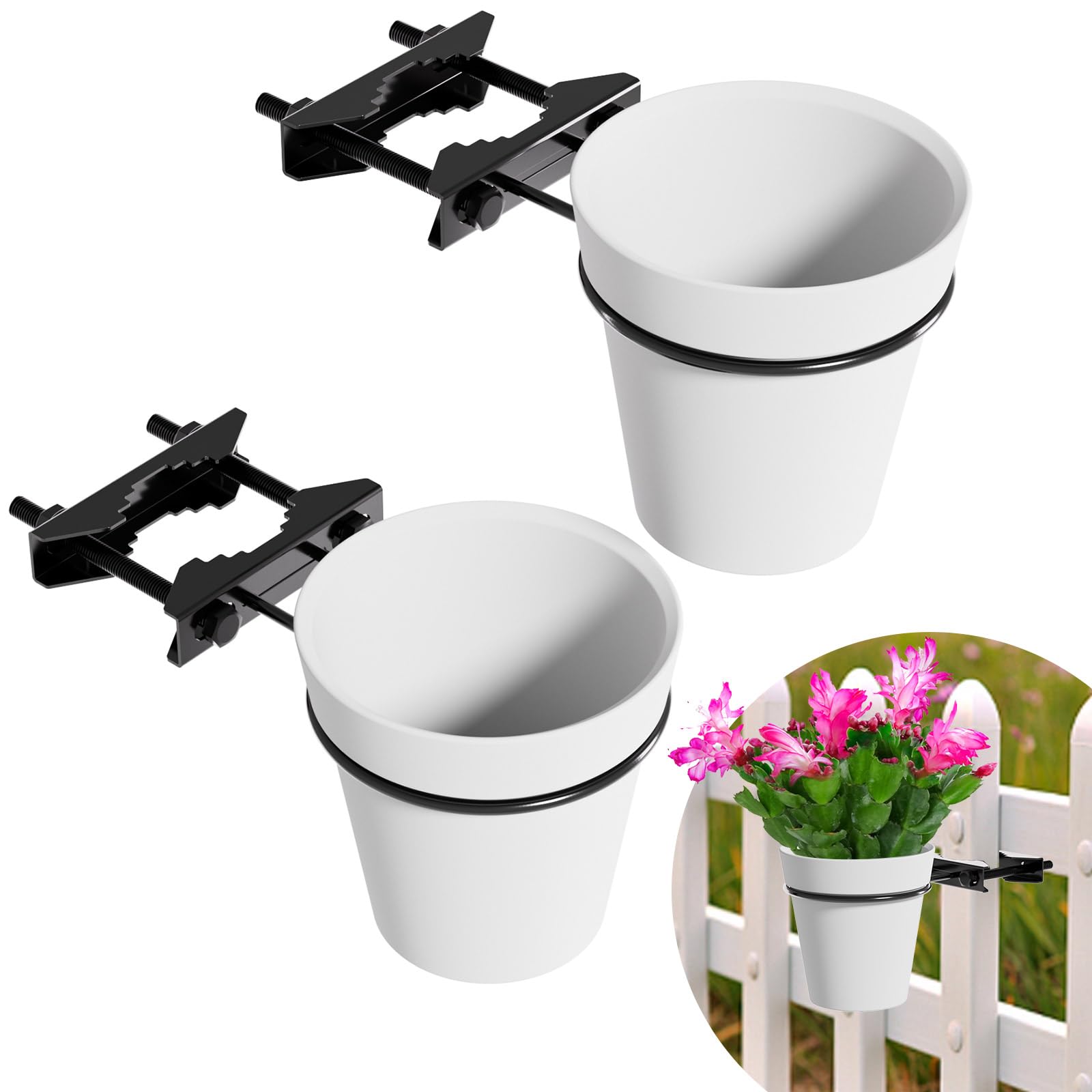Hanging Flower Pots Holder, 2 Set Deck Railing Plant Container Holder with Pot, Pipe Clip Fence Planters Tray for Indoor & Outdoor Fence Balcony Patio Porch Railing