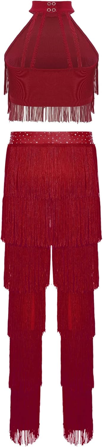 ACSUSS Kids Girls Latin Ballroom 2 Piece Dance Outfit Sleeveless Fringe Crop Top and Tassel Pants Clothing Sets Burgundy 16 Years