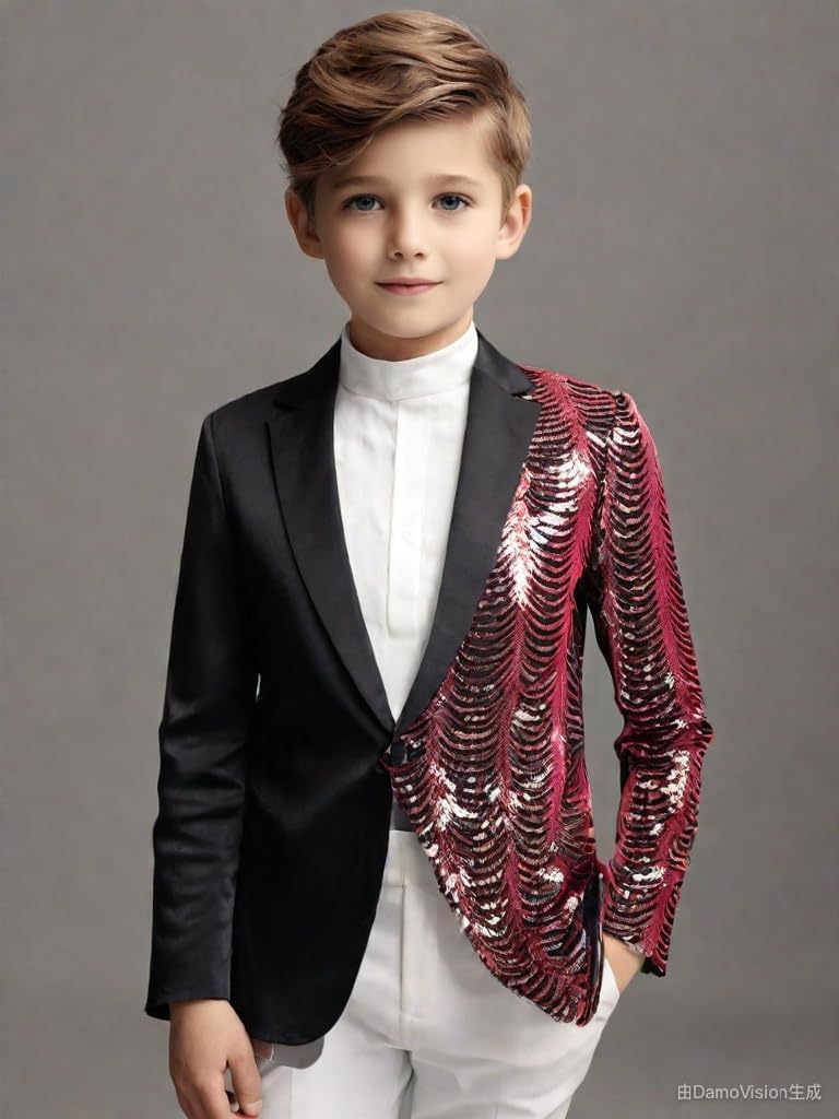 Boys Formal Tuxedo Suit 2 Pieces Set Sequin Blazer Glitter Jacket Black Pants Kids Teen Dress Outfit