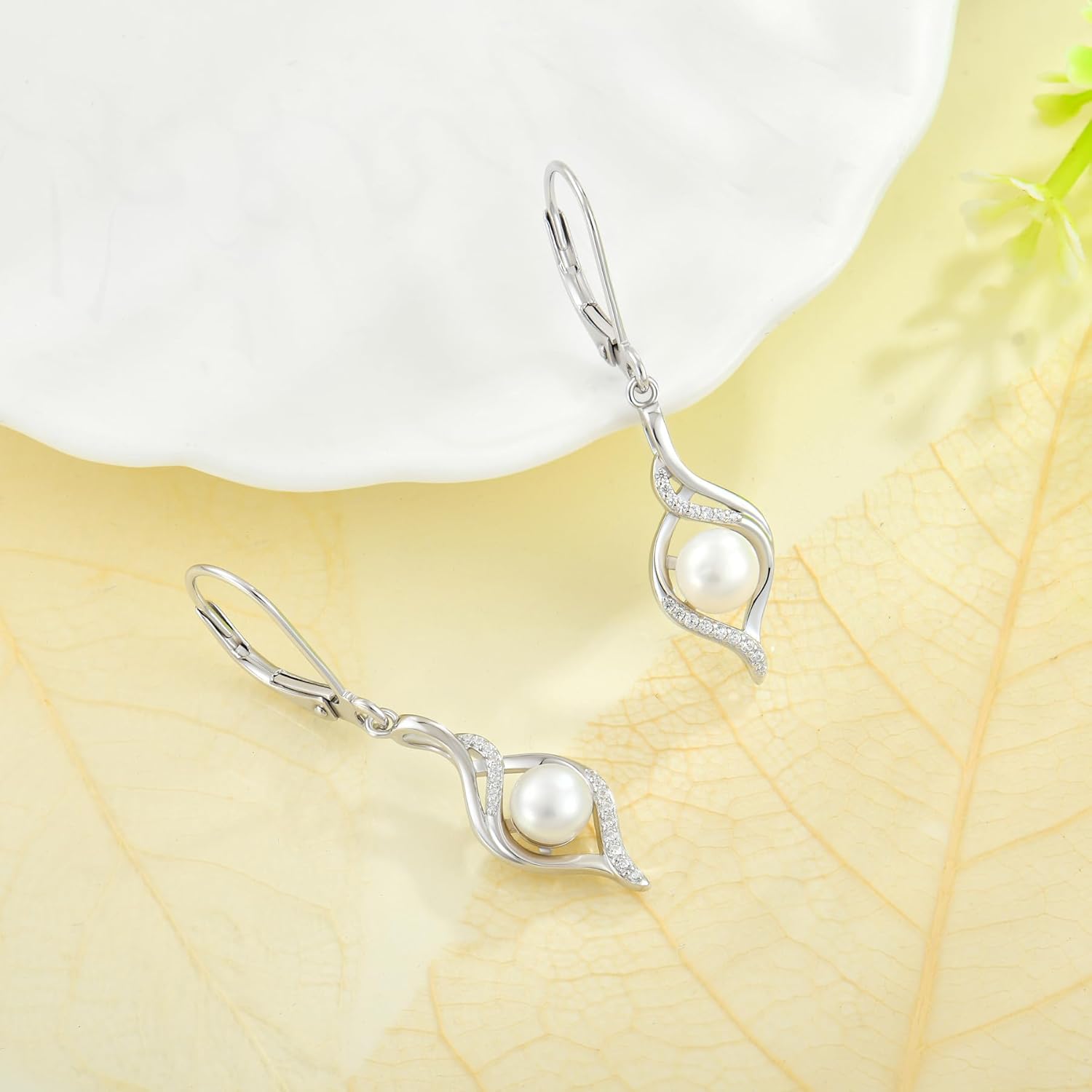 Pearl Dangle Drop Earrings for Women 925 Sterling Silver Infinity Leverback Earrings with 6MM White Pearl Jewelry - Image 3