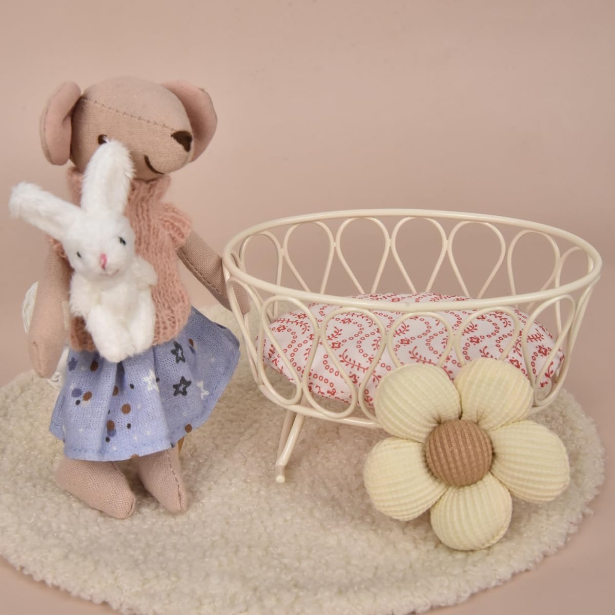Miniature Dollhouse Iron Cradle & Sewn Teddy Bear & Cushion- 1:12 Scale Iron Art Oval Cradle for Dollhouse Boho Room Birthday (Iron Cradle+Fabric Cushion)