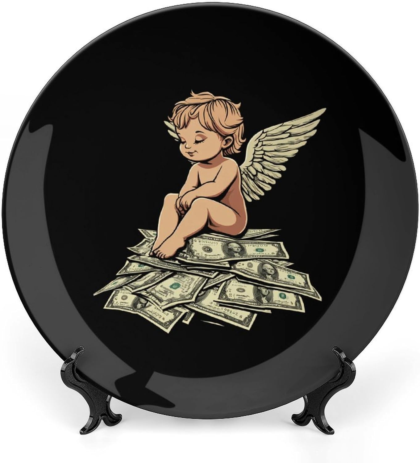 Angeles Dollar Money Print Bone China Decorative Plate with Stand Home Dessert Plates Gift for Men Women 6inch