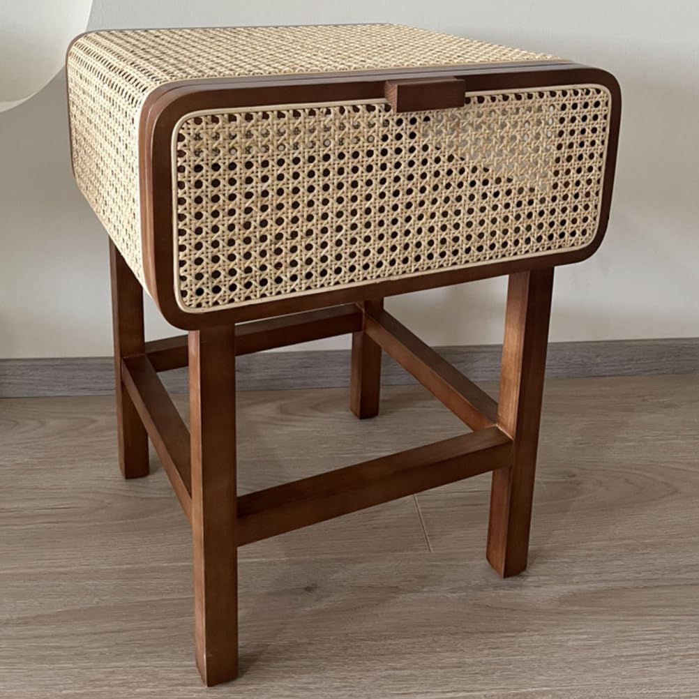 Comodino in rattan, tavolino da metà secolo con contenitore, tavolino in canna intrecciata per camera da letto, soggiorno, balcone, divano laterale, mobili in legno