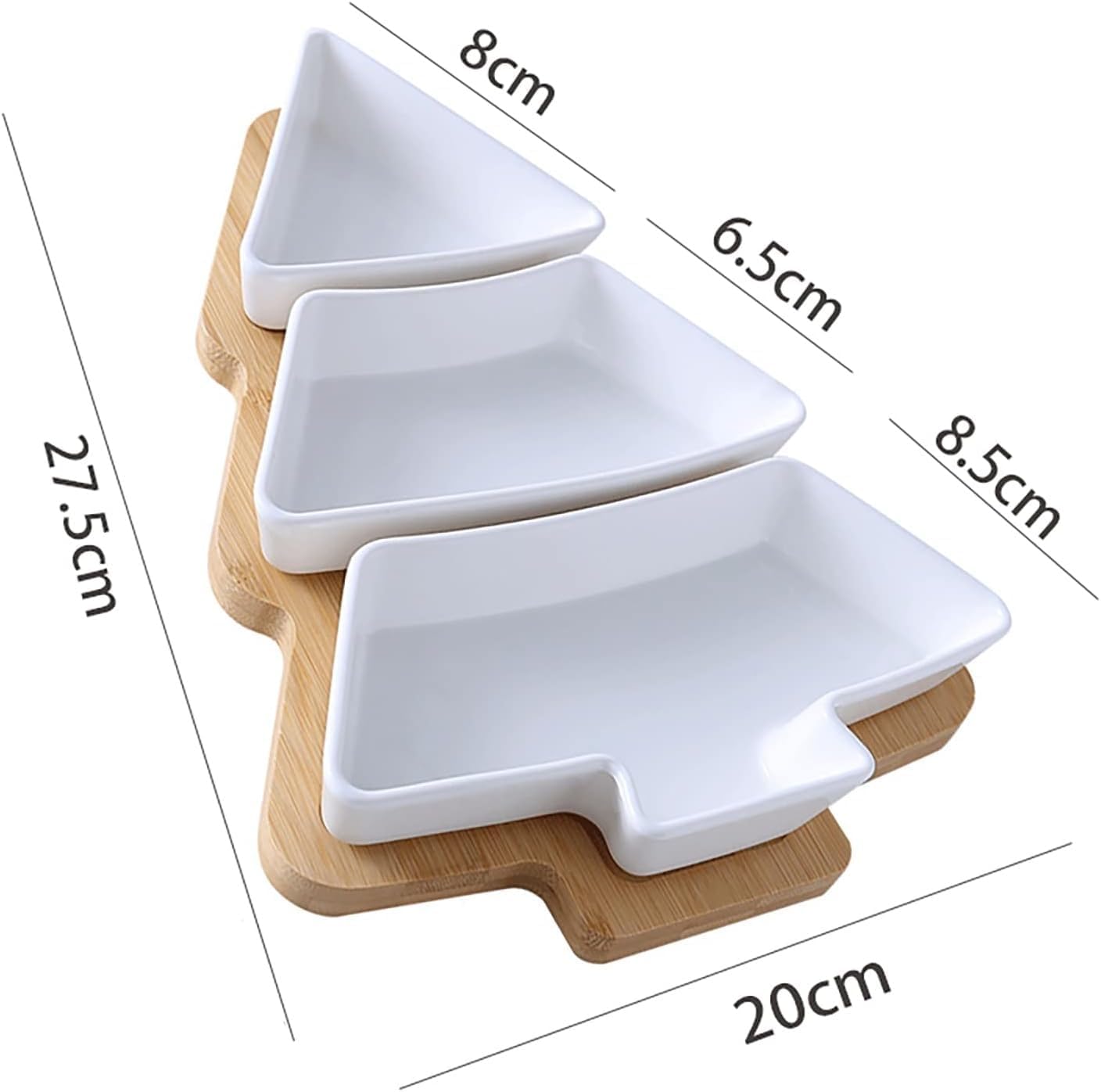 Ceramic Divided Dishes with Bamboo Tray,3-Compartment Appetizer,Christmas Tree Shape Sectional Serving Platter for Candy and Nut,Fruits,Condiment,Party White-S