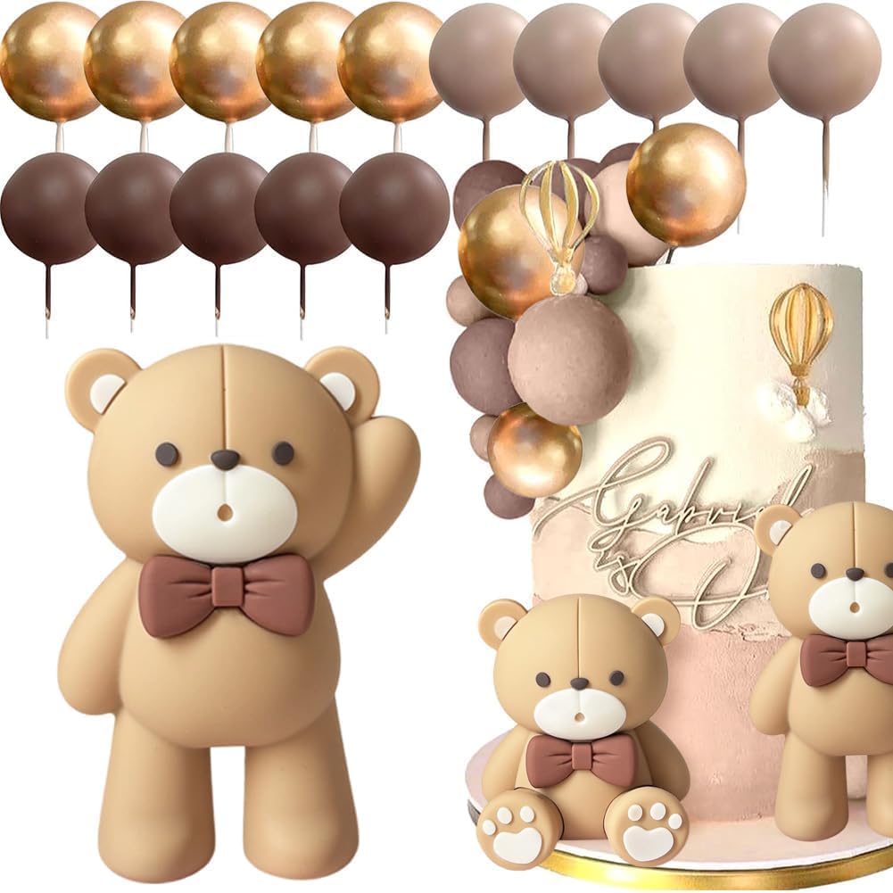 Teddy Bear Cake Toppers with Gold Balls - Baby Shower Birthday Party Decor