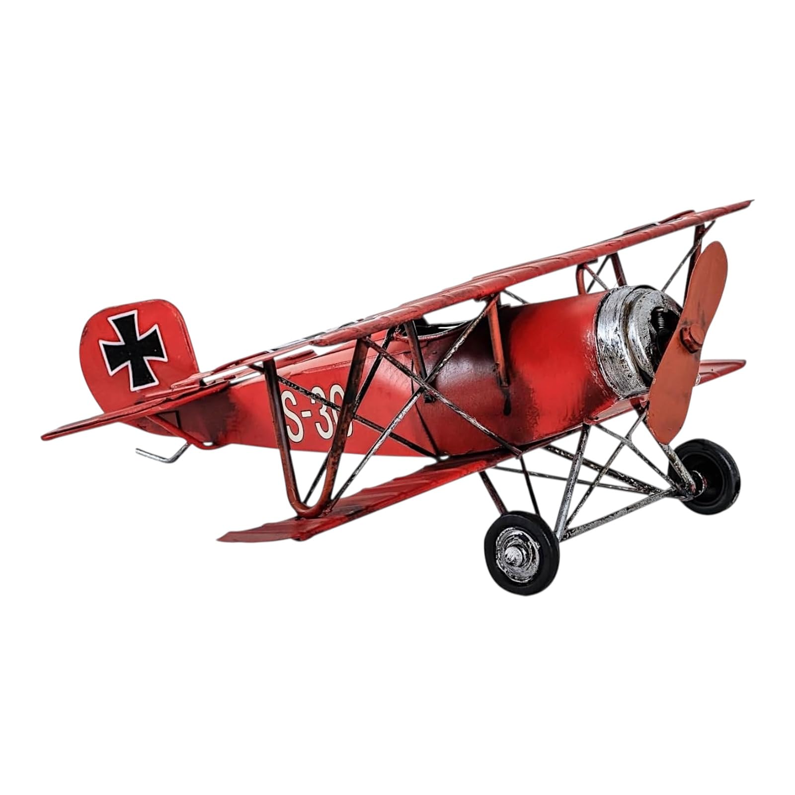 Red Baron Flugzeug Modell - Vintage Blech-Doppeldecker, handbemalt, dekorative Flugzeugskulptur 25 cm | Retro Luftfahrt Sammlerstück