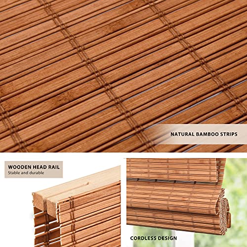 Lazblinds No Tools No Drill Cordless Bamboo Roman Shades, Light Filtering Window Treatment, Roll Up Bamboo Blinds For Window 26'' W X 64'' H, Wood #TOP1