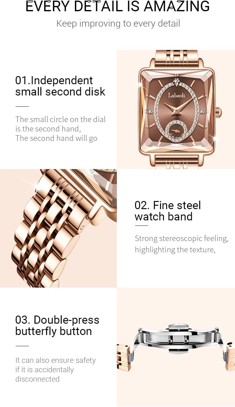 GORBEN Women's Luxury Watch, Day and Date Display, Gold Stainless Steel Bracelet, Small Wrist Size - Image 5