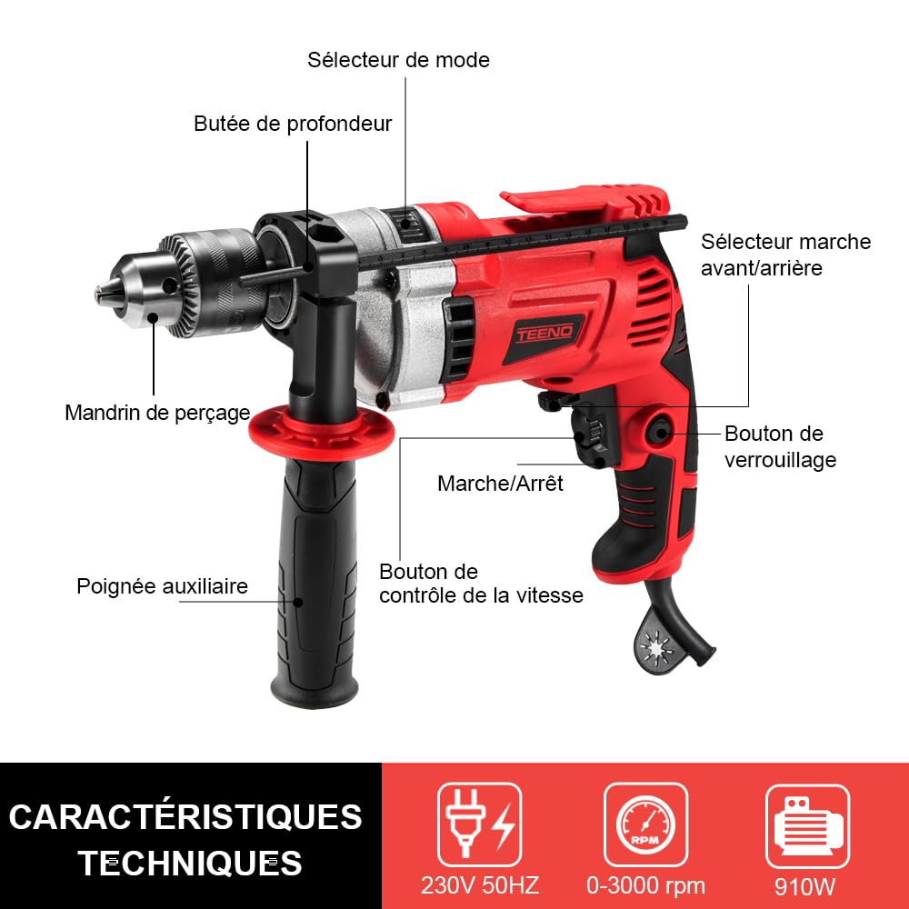 TEENO Perceuse à Percussion électrique 910W, Perceuse Électrique à Percussion 0-3000 RPM avec 37 Pièces Caisse à Outil Complete Tournevis et Pinces,Mandrin 13mm, Vitesse Variable,Brique,Bois,Acier