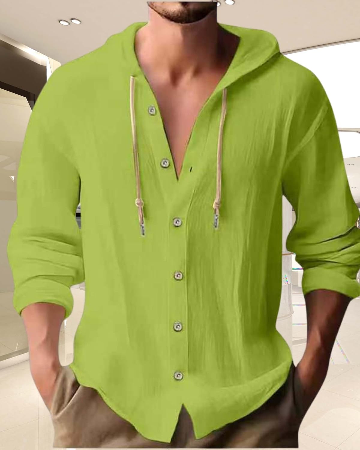 Cotton Linen Hoodie for Men Summer Casual Long Sleeve Button Down Hawaiian Beach Shirt Tops with Hood - Image 3