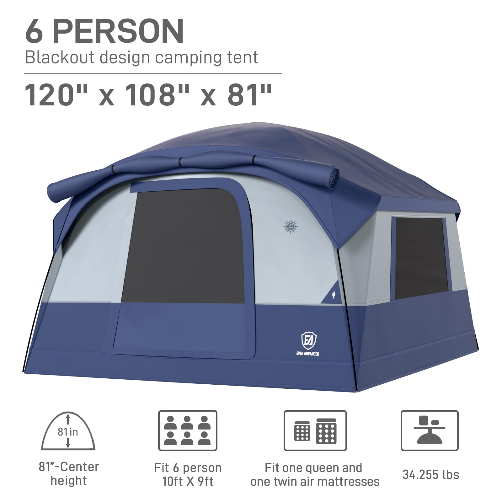 EVER ADVANCED Blackout Design 6 Person Camping Tent with 80 sq.ft Massive Vestibule, Large Mesh Screen Room, 81in Tall Expanded Headroom, Blackout Coating, 4000mm Water-Resistant Compact Grey Blue : Sports