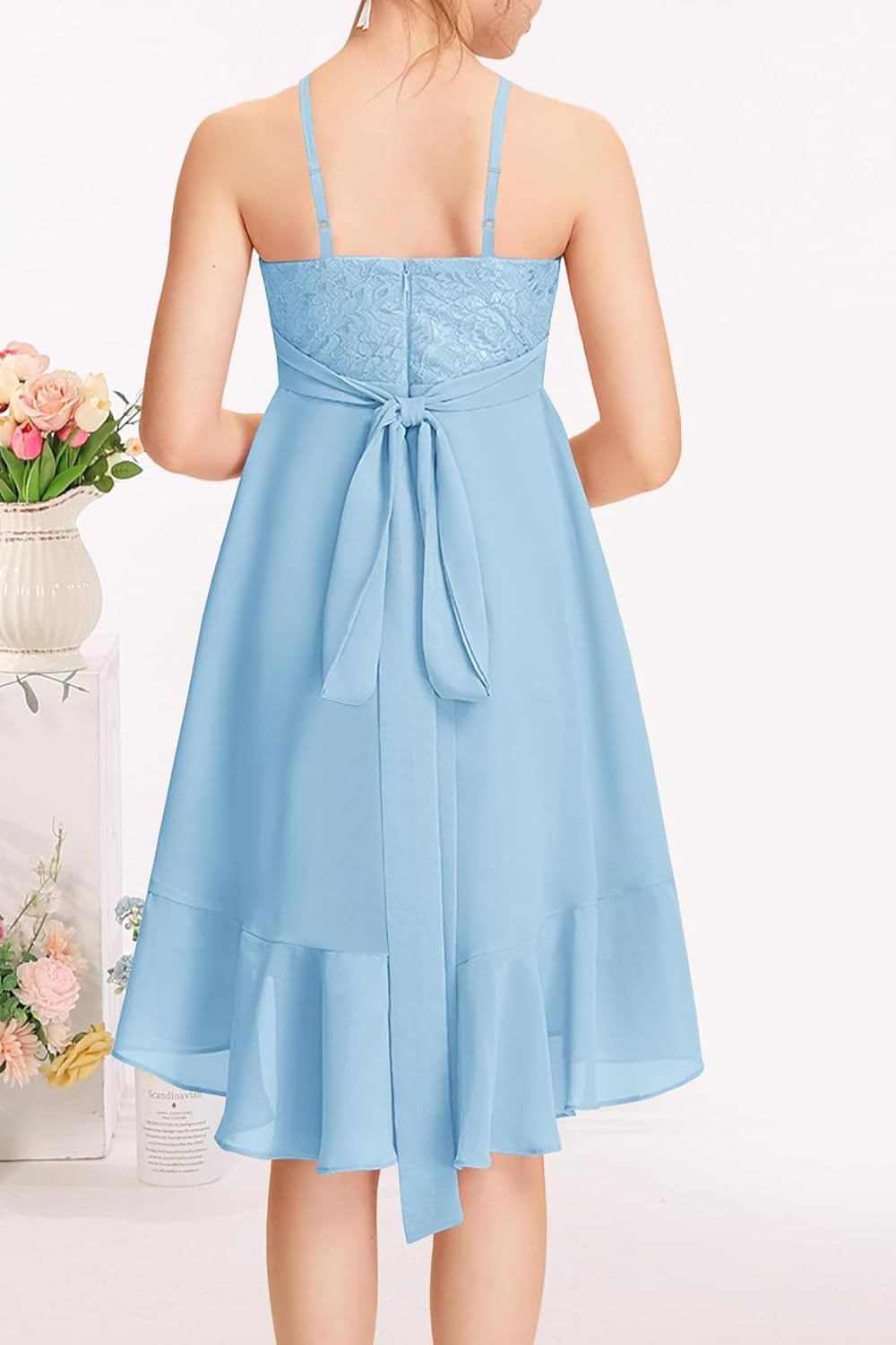 MITILLY Girls Lace Flower Ruffle Dress Chiffon Halter A Line High Low Flowy Junior Bridesmaid Dresses for Wedding Party - Image 4