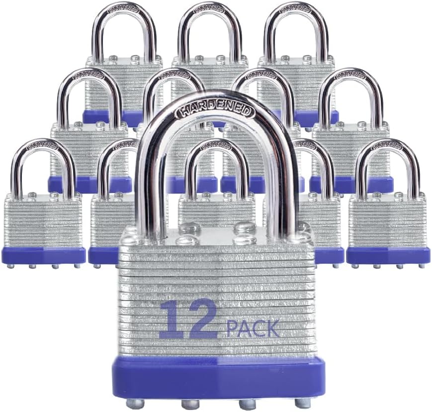 Lock Outdoor Padlocks, Key Lock, Padlocks with Same Key - Laminated Steel Keyed Padlocks with Normal Shackle, 12 Pack, for Hasp Latch, Sheds, Fences, Storage Locker, School, Gym