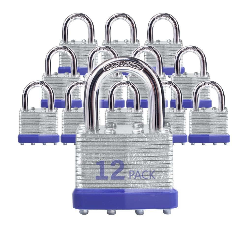 Lock Outdoor Padlocks, Key Lock, Padlocks with Same Key - Laminated Steel Keyed Padlocks with Normal Shackle, 12 Pack, for Hasp Latch, Sheds, Fences, Storage Locker, School, Gym